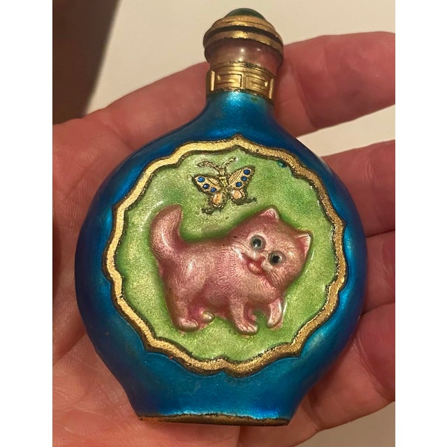 Late 20th Century Colorful Enamel Snuff Bottle Perfume W/Cat & Butterfly Pink Green Blue For Sale - Image 6 of 11
