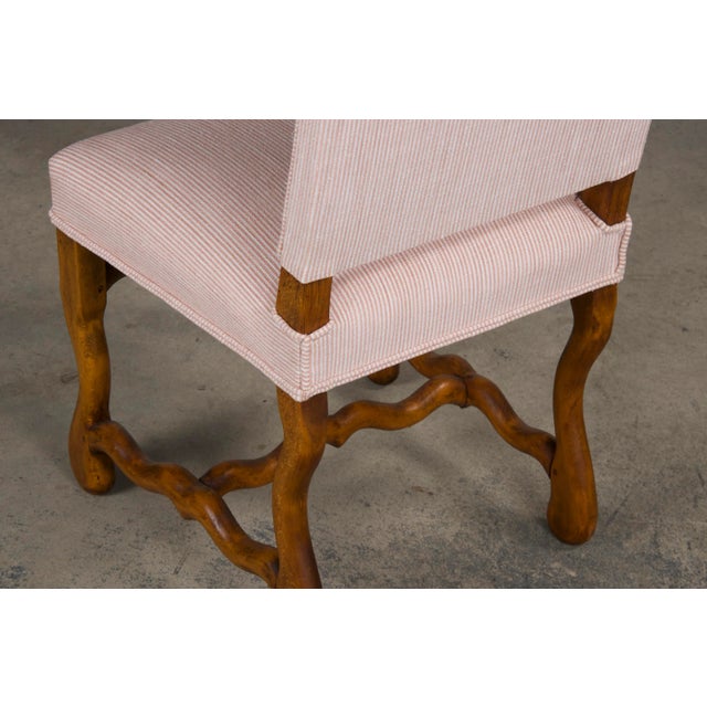 Antique French Louis XIII Style Os De Mouton Oak Dining Chairs W/ Striped Blush Pink Chenille- Set o For Sale - Image 11 of 12