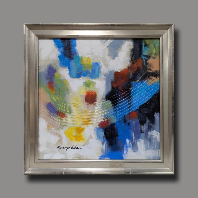Abstract Square Multi Colored Blue White Textured Framed Abstract Art on Canvas. For Sale - Image 3 of 6