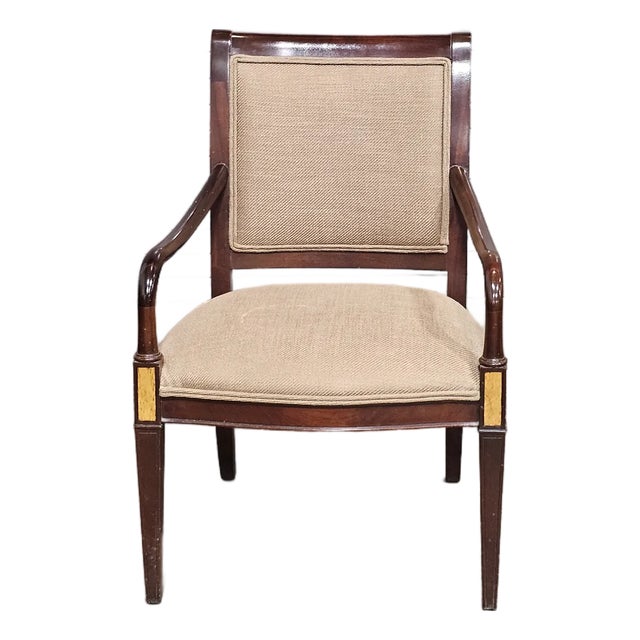 Late 20th Century Hickory Chair Sheraton Style Arm Chair Mahogany Frame with Burl Maple Inlays For Sale