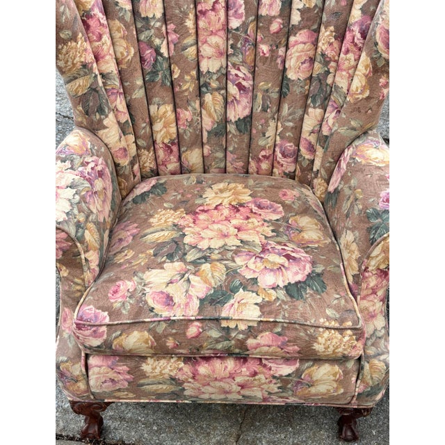 English Mid 20th Century French Style Channel Back Upholstered Wing Chairs - A Pair For Sale - Image 3 of 12