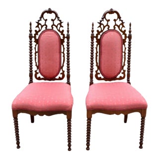 Antique Walnut Boudoir Chairs Victorian Side Spindle Carved Pair 1880s Coral For Sale