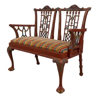 Chinese Chippendale Style Painted Finish Settee Bench For Sale
