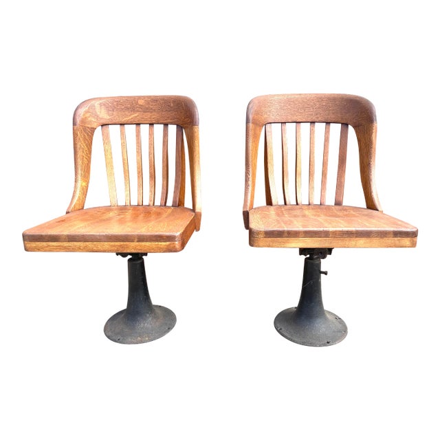 Early 20th Century Vintage High Point Bending and Chair Company School Reclining Armless Chairs With Cast Iron Cone Bolt Down Bases- a Pair For Sale