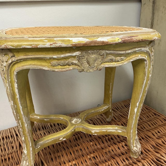 1920s Vintage French Carved Wood Footstool Caning Replaced Chippy Original Finish Beige Yellow For Sale - Image 5 of 11