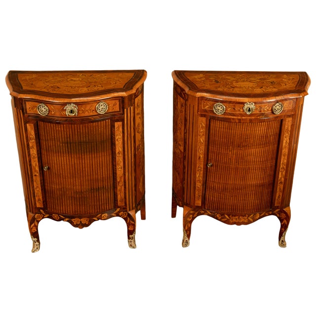 Wood Pair Antique 18thC French Louis XV Inlaid Marquetry Ormolu Tambour Cabinets 1780 For Sale - Image 7 of 18