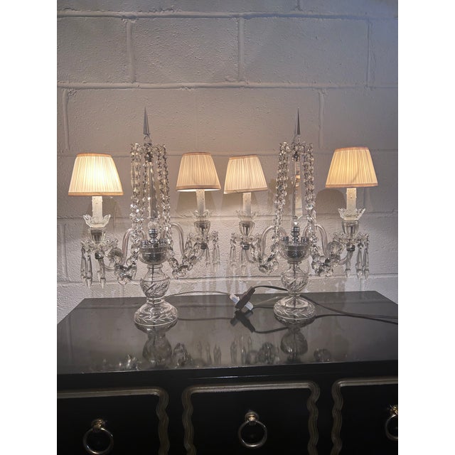 Pair of Vintage Crystal Girandoles/Chandelier Lamps For Sale - Image 9 of 12