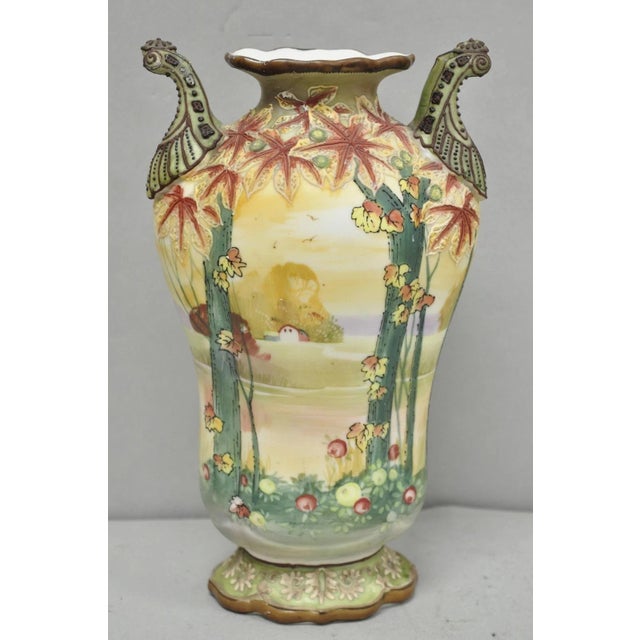 Antique Nippon Hand Painted Porcelain Moriage Twin Handle Countryside Scene Vase For Sale - Image 18 of 18