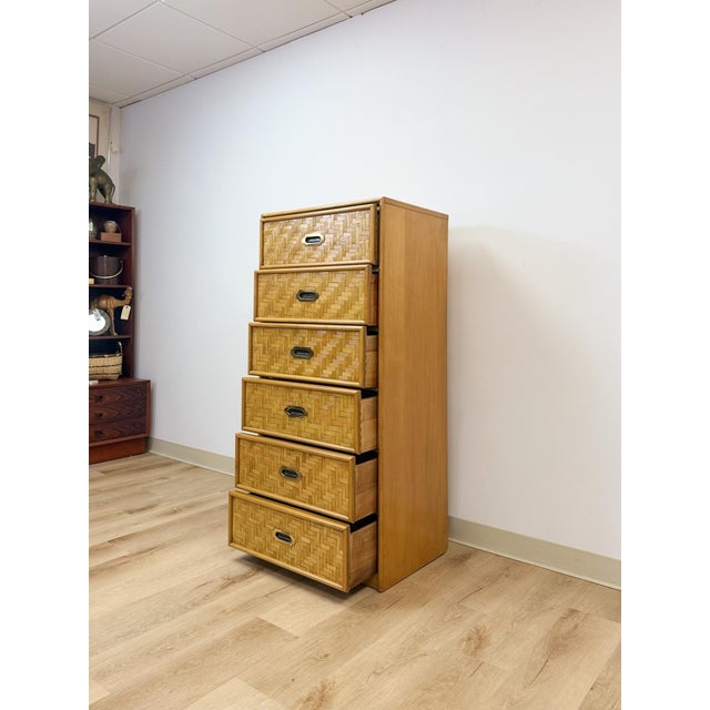 Mid 20th Century Dixie Parquet Inlay Tall Chest of Drawers Brass Detail Coastal Hollywood Regency For Sale - Image 9 of 11
