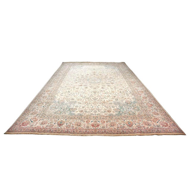 Antique Persian Tabriz Pahlavi Wool 12x18 Ivory, Pink & Teal Handmade Area Rug #9902227 For Sale - Image 4 of 15