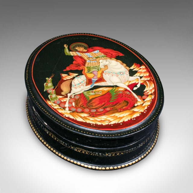 Vintage Oval Keepsake Box, Russian, Lacquered Trinket Case, St George, Art Deco For Sale - Image 4 of 10
