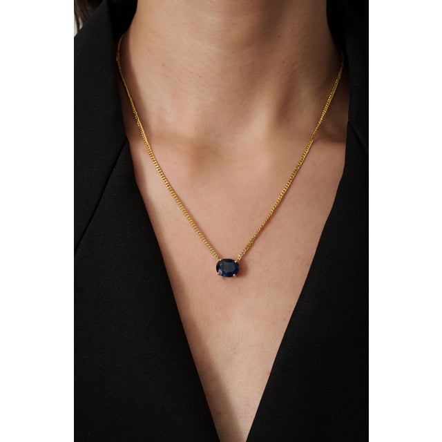 Art Deco 4.33ct DeepBlue Sapphire Early 20th Century Necklace With 14k Solid Gold Curb Chain For Sale - Image 3 of 17