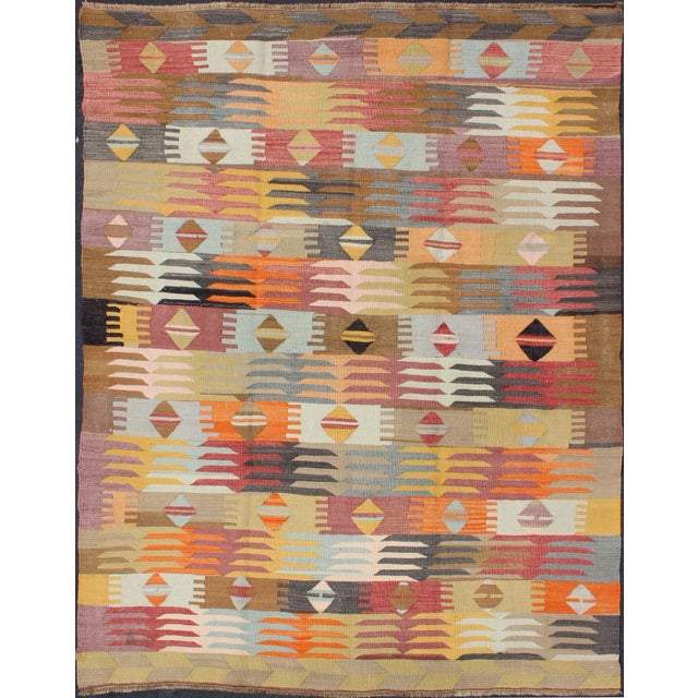 Colorful Vintage Turkish Kilim With All-Over Latching Design & Geometric Shapes For Sale - Image 13 of 13