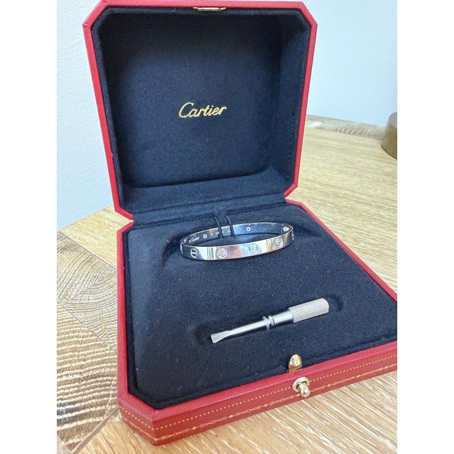 Early 21st Century Cartier, Love Bangle Bracelet 4 Diamond Classic Model 18k White Gold For Sale - Image 5 of 6