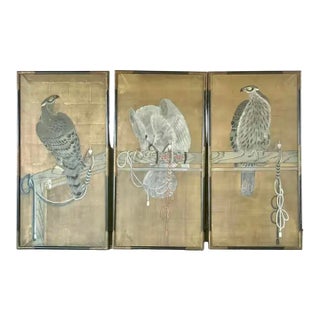 Japanese Falconry Watercolor Panels, Set of Three For Sale