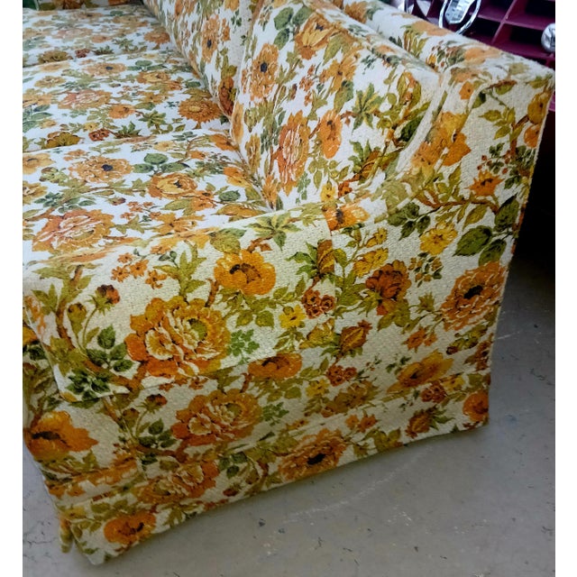 Contemporary Vintage 1970s Orange / Yellow Floral Textured Skirted Sofa Couch For Sale - Image 3 of 11