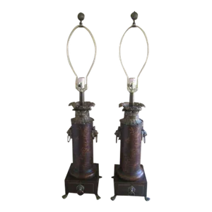 Lions Head Claw Details Brown Brass Metal Table Lamps - Set of 2