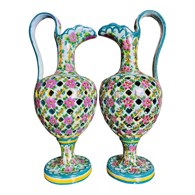 Pair Signed J. Leonardo Portuguese Hand-Painted Reticulated Ceramic Ewers, 15" For Sale