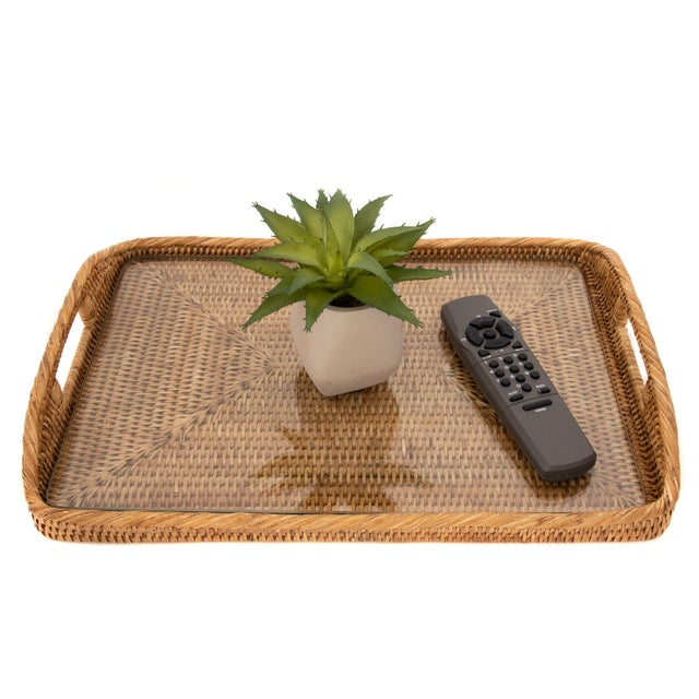 Boho Chic Artifacts Rattan Rectangular Tray with Glass Insert in Honey Brown - 14" For Sale - Image 3 of 5