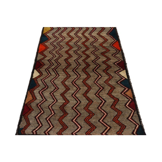 Tribal 1950s Vintage Gabbeh Tribal Rug in Beige-Brown With Orange and Red Chevron Patterns For Sale - Image 3 of 7