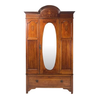 Early 20th Century English Edwardian Style Inlaid Mahogany Wardrobe With Beveled Oval Mirror For Sale