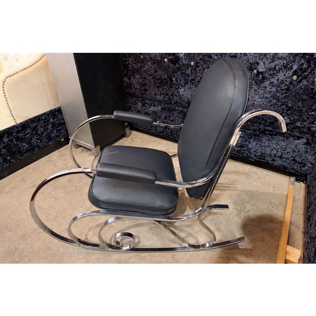 Modern 1970s Chrome and Black Leather Scrolled Arm Rocker For Sale - Image 3 of 5