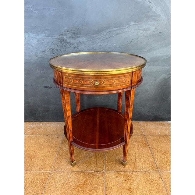 French Louis XVI Style Round Side Table with Marquetry and Drawer, 1930s For Sale - Image 3 of 13