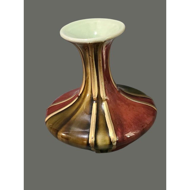 Vintage Mid-Century Modern Glazed Burgundy Olive Green Gold Ceramic Pottery Vase For Sale - Image 4 of 9