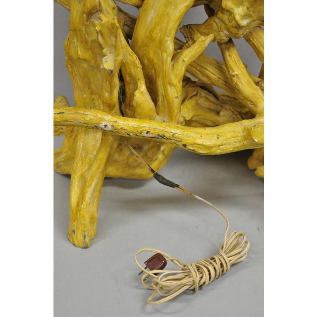 Vintage Mid Century Modern Large Driftwood Yellow Painted Tiki Room Table Lamp For Sale - Image 10 of 12