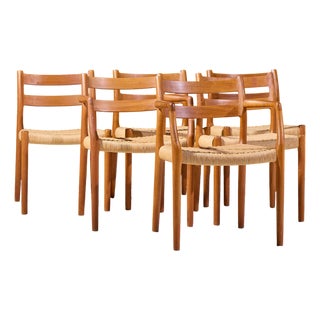 Niels Møller Models 84 and 67 Mid Century Danish Teak and Rope Dining Chairs - Set of 6 For Sale