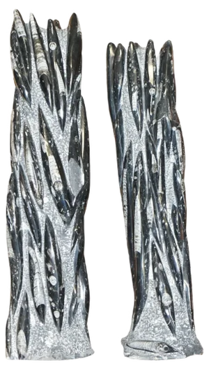 Large Fossilized Orthoceras Marble Finish Statues, Set of 2