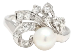 Retro .25ctw Pearl & Diamond Ring, Platinum, Ring Size 8