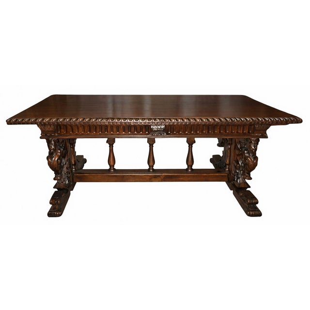 Renaissance Revival Carved Walnut Trestle Continental Table. Italy, Late 19th C. For Sale In Los Angeles - Image 6 of 8