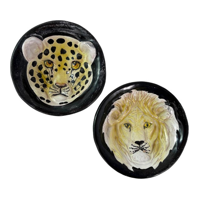 Mid-Century Italian Pottery Wild Cat Trinket Dishes - a Pair For Sale