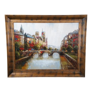 20th Century C. Giliano Italian Parisian River Cityscape Oil Painting Framed 59" For Sale