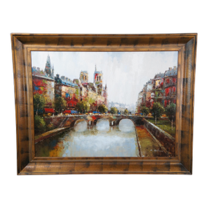 20th Century C. Giliano Italian Parisian River Cityscape Oil Painting Framed 59"