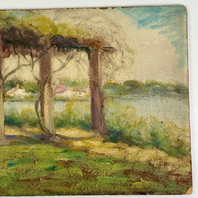 Early 20th Century Early 20th Century Joyous Original O/B Post Impressionist Painting of Scenic River Scene With Vine Covered Pergola For Sale - Image 5 of 10