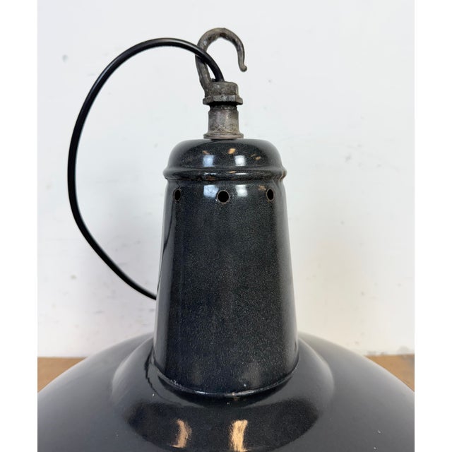 Industrial French Dark Grey Enamel Factory Pendant Lamp, 1960s For Sale - Image 6 of 17