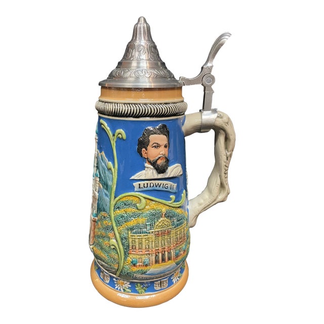Vintage German Beer Stein - Bavarian King Ludwig II & Neuschwanstein Castle For Sale