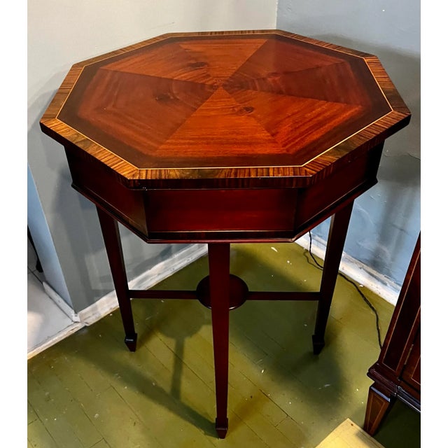 English 1990s Maitland-Smith Octagonal Mahogany Matchbook Veneer Center Drum Table For Sale - Image 3 of 12