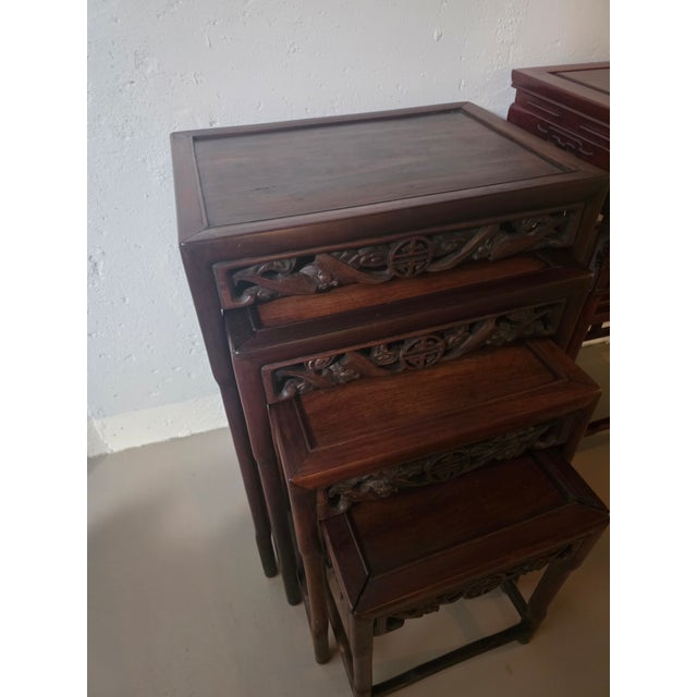Chinese Set of 1930s Chinese Carved Hardwood Nesting Tables With Traditional Fretwork and Longevity Symbols For Sale - Image 3 of 9