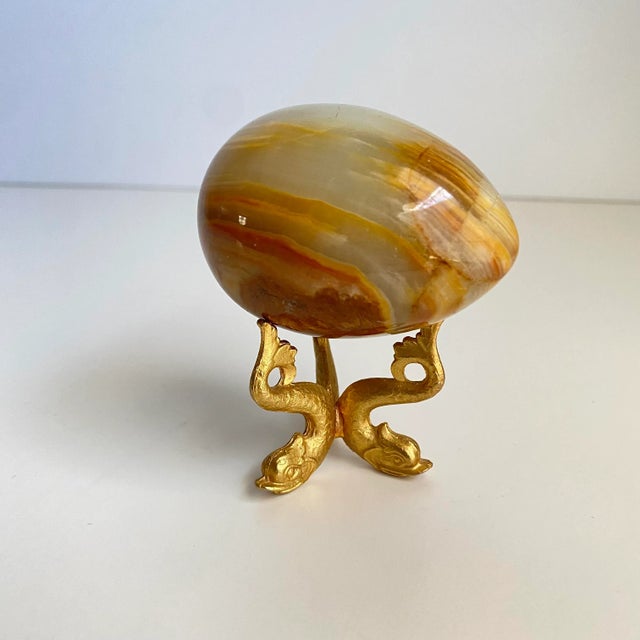 Vintage Petite Banded Onyx Agate Egg Brass Dolphin Stand For Sale - Image 6 of 11