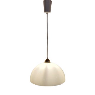 Vintage Ceiling Lamp with White Plastic Shade on Brass Mount, 1970s For Sale
