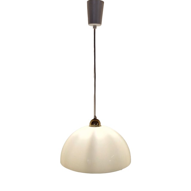 Vintage Ceiling Lamp with White Plastic Shade on Brass Mount, 1970s For Sale