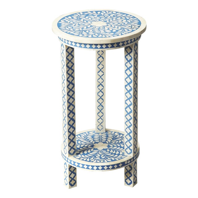 Vivienne 12.75 in. W Round Bone Inlay Side Table with Open Lower Shelf, Blue and White Bone For Sale