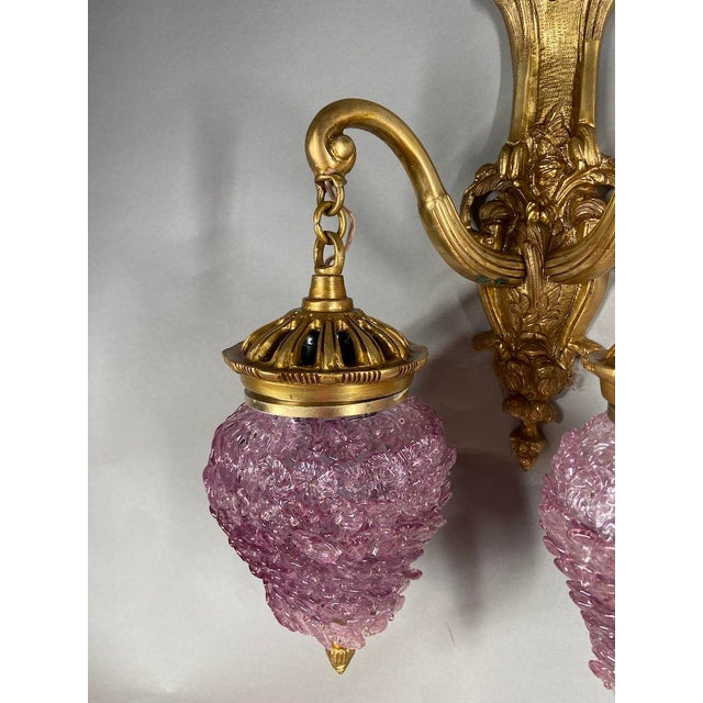 Pair of Vintage Louis XVI Style Gilded Bronze Wall Lamps / Wall Sconces With Purple Crystal Shades For Sale - Image 9 of 12