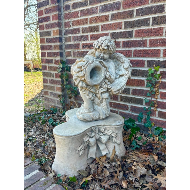 Late 20th Century Cast Stone Garden Fountain Statue Pedestal – Romantic European Garden Accent With Incisive Signature Detail For Sale - Image 10 of 11