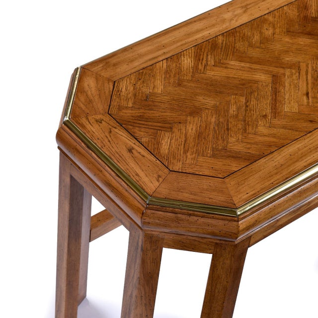 Wood Art Deco Inspired Herringbone Parquet Top Gold Trim Oak Console Table For Sale - Image 7 of 9