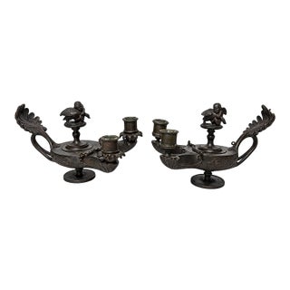 Pair of Grand Tour Bronze Two-Light Candlesticks in Roman Oil-Lamp Form For Sale
