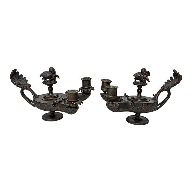 Pair of Grand Tour Bronze Two-Light Candlesticks in Roman Oil-Lamp Form For Sale